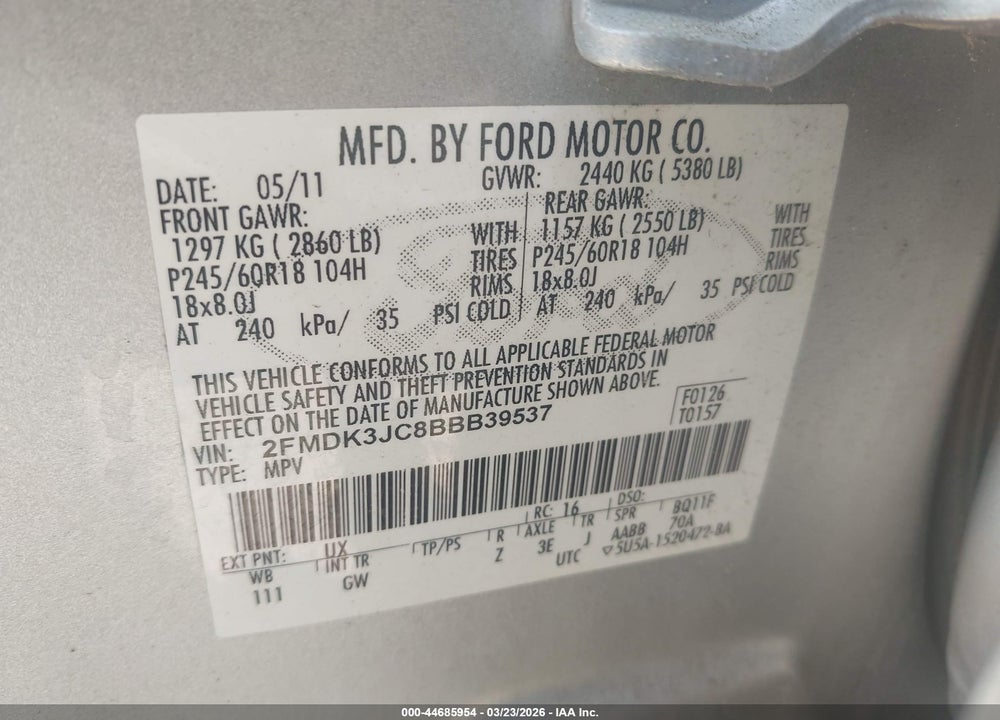 2011 FORD EDGE SEL VIN: 2FMDK3JC8BBB39537
