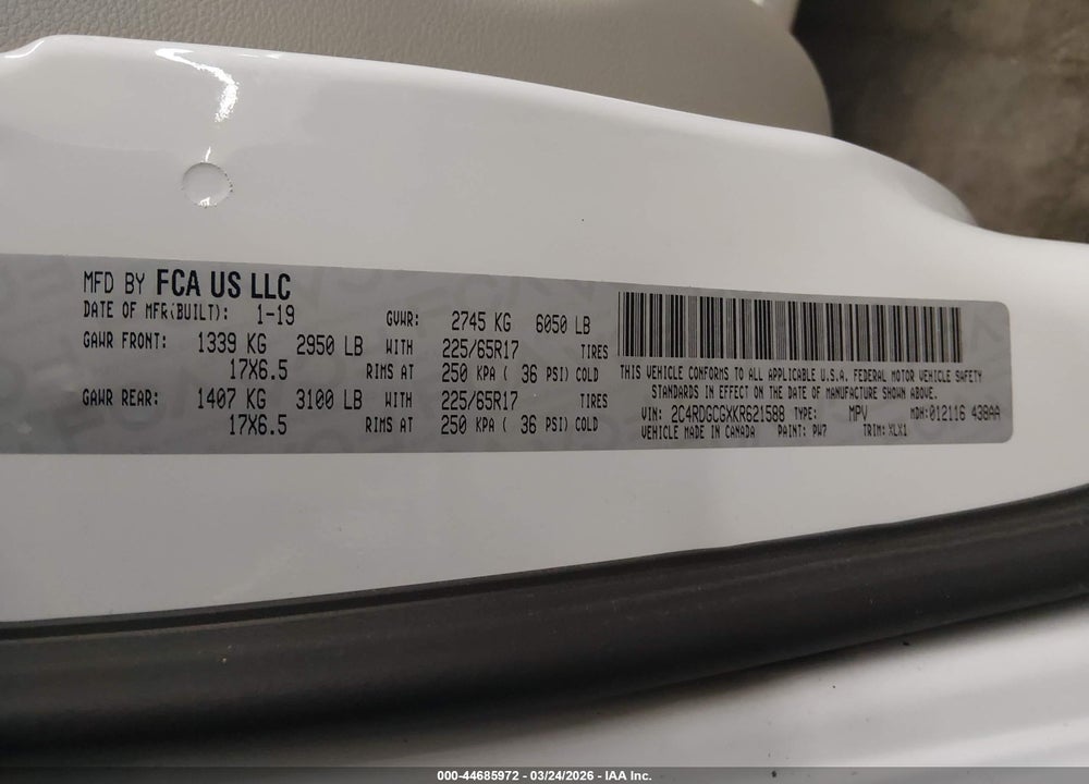 2019 DODGE GRAND CARAVAN SXT VIN: 2C4RDGCGXKR621588