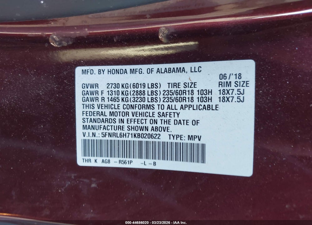 2019 HONDA ODYSSEY EX-L VIN: 5FNRL6H71KB020622