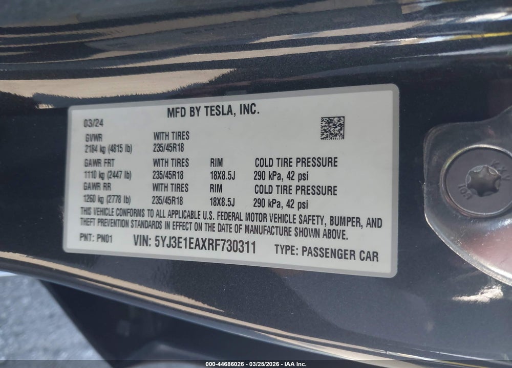 2024 TESLA MODEL 3 LONG RANGE DUAL MOTOR ALL-WHEEL DRIVE/REAR-WHEEL DRIVE VIN: 5YJ3E1EAXRF730311