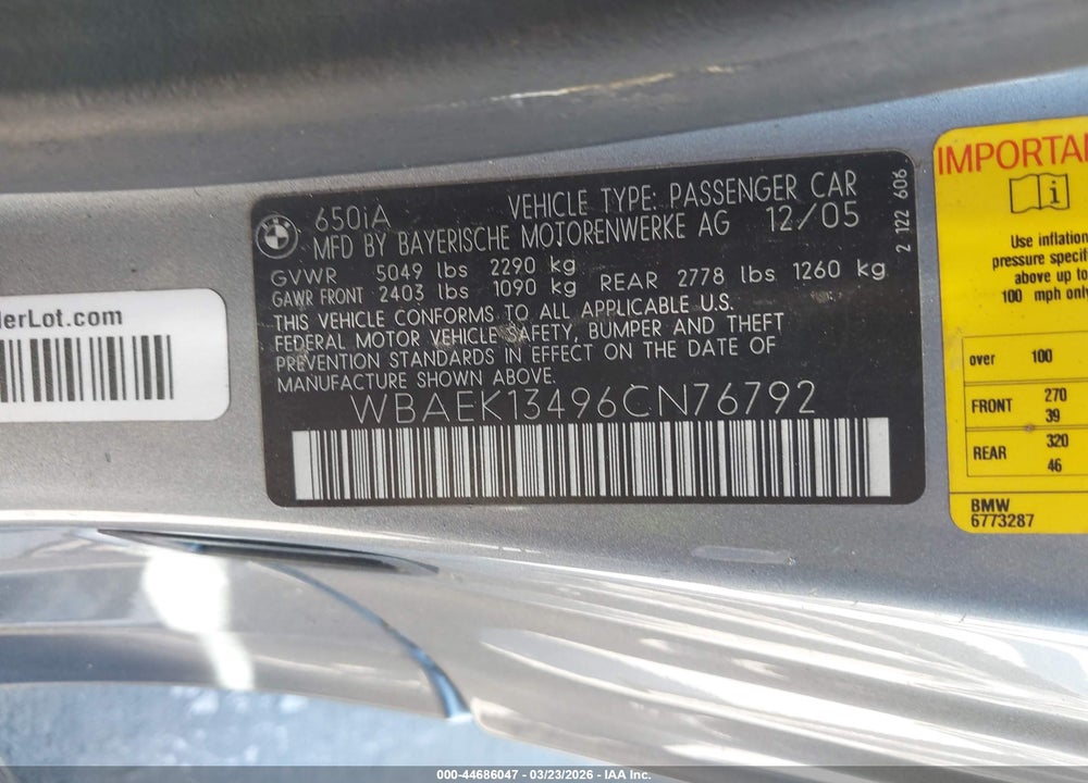 2006 BMW 650I VIN: WBAEK13496CN76792