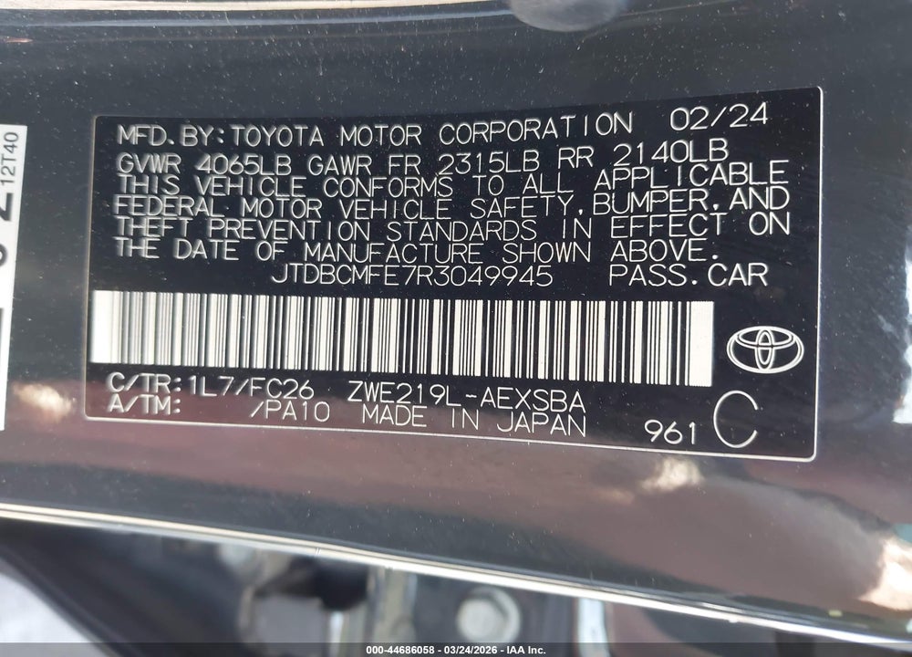 2024 TOYOTA COROLLA HYBRID SE VIN: JTDBCMFE7R3049945