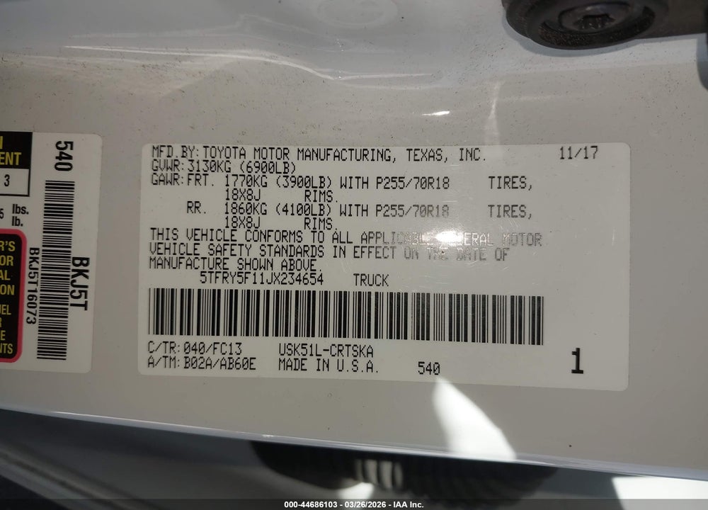 2018 TOYOTA TUNDRA SR5 5.7L V8 VIN: 5TFRY5F11JX234654