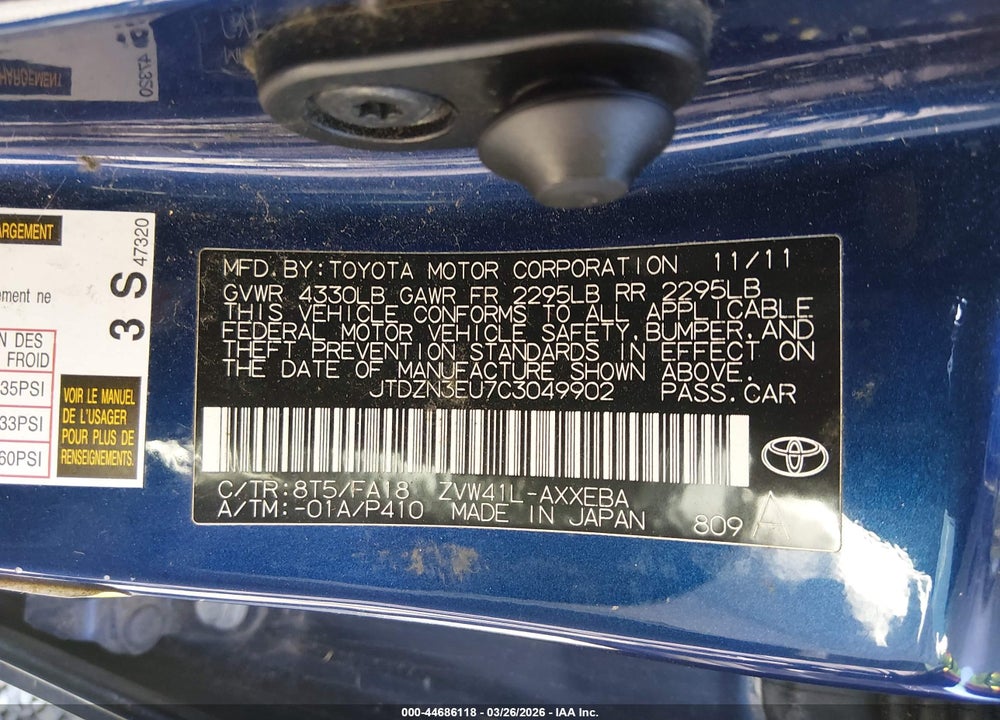 2012 TOYOTA PRIUS V TWO VIN: JTDZN3EU7C3049902