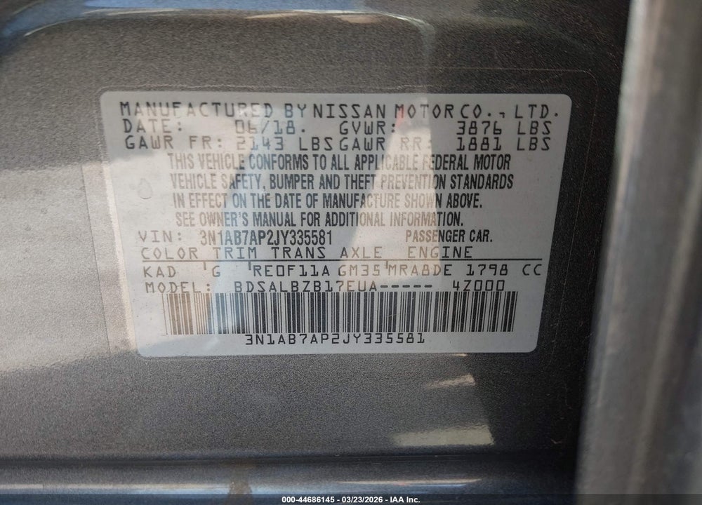 2018 NISSAN SENTRA S VIN: 3N1AB7AP2JY335581