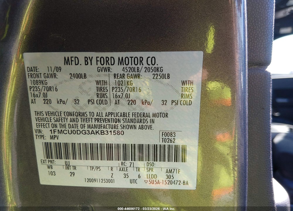 2010 FORD ESCAPE XLT VIN: 1FMCU0DG3AKB31580