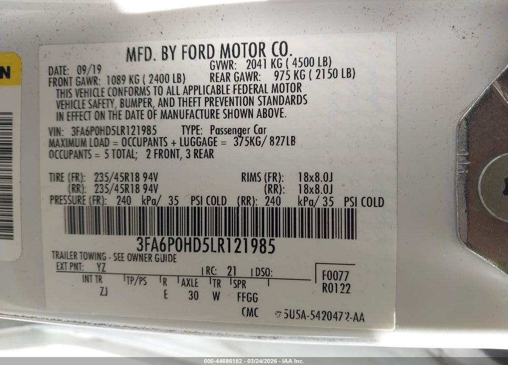 2020 FORD FUSION SE VIN: 3FA6P0HD5LR121985