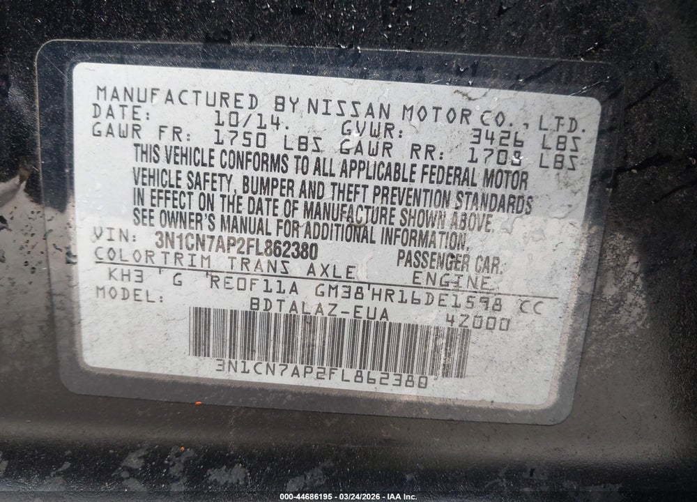 2015 NISSAN VERSA 1.6 S+ VIN: 3N1CN7AP2FL862380