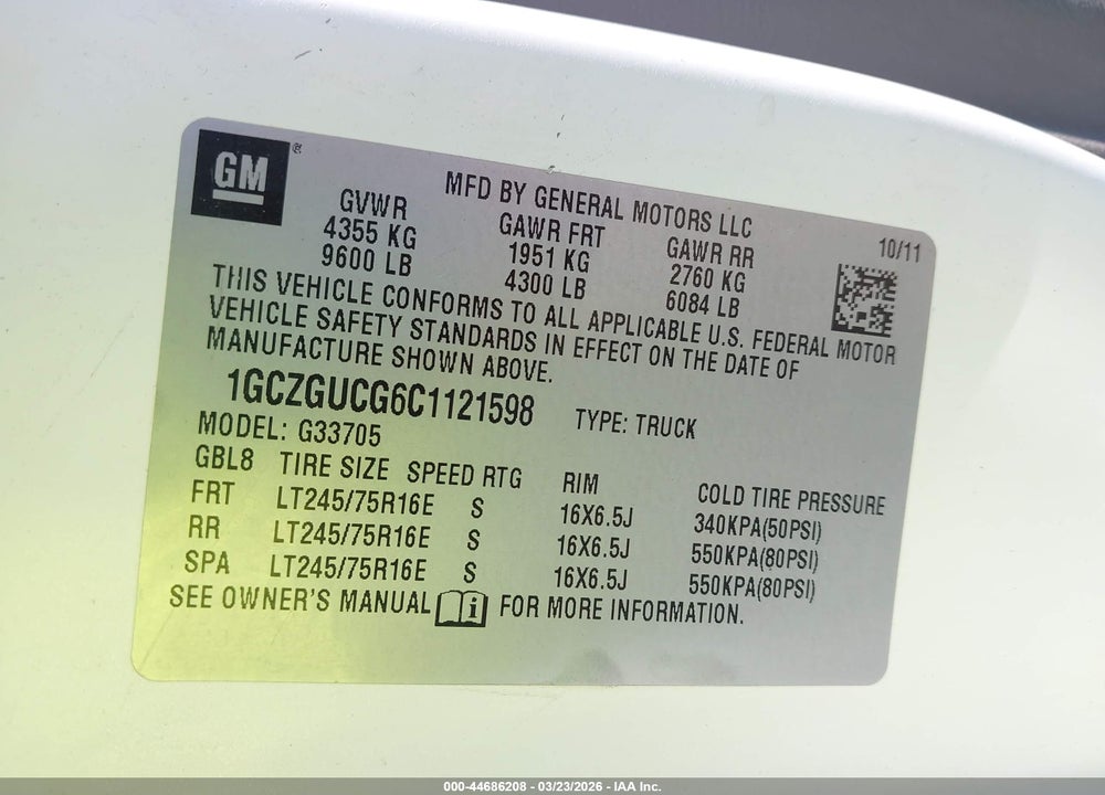 2012 CHEVROLET EXPRESS 3500 WORK VAN VIN: 1GCZGUCG6C1121598
