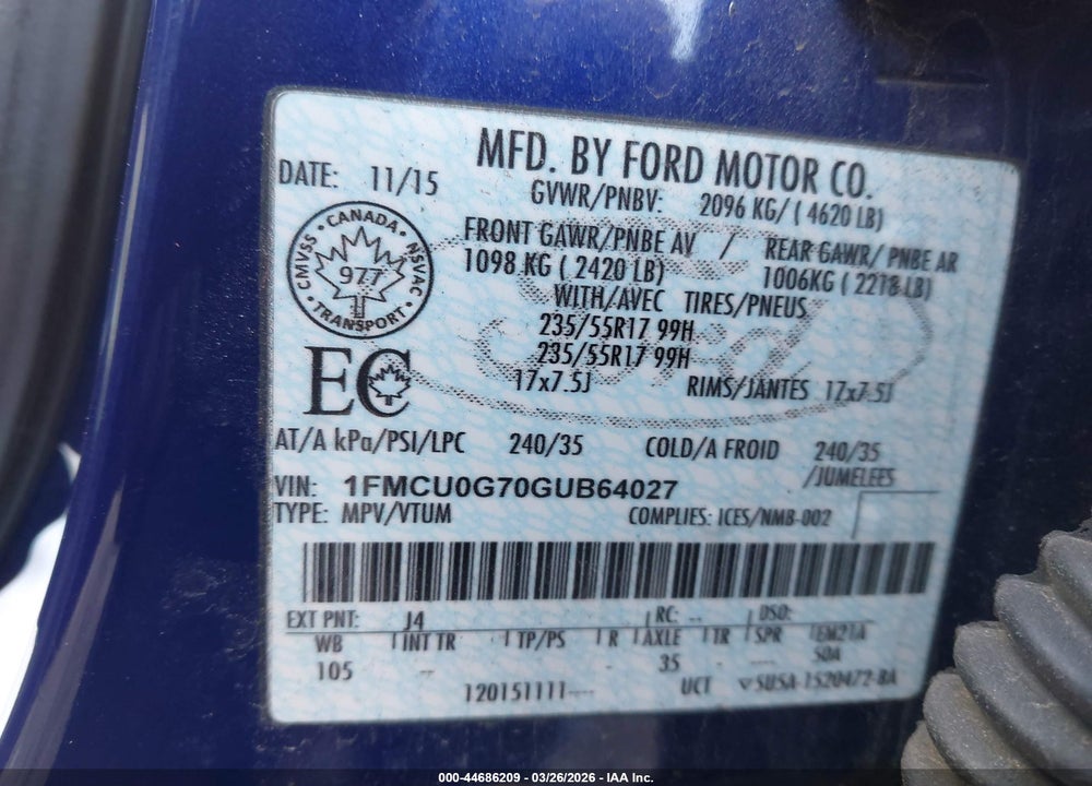 2016 FORD ESCAPE SE VIN: 1FMCU0G70GUB64027