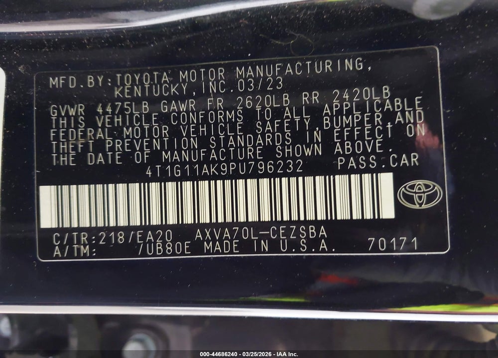 2023 TOYOTA CAMRY SE VIN: 4T1G11AK9PU796232