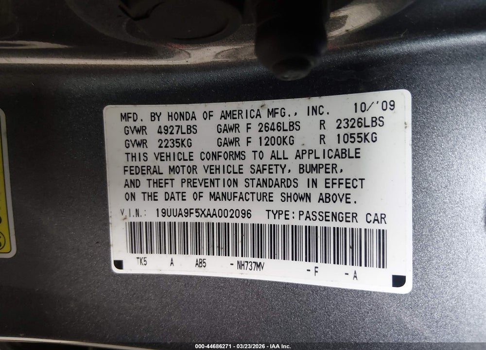 2010 ACURA TL 3.7 VIN: 19UUA9F5XAA002096