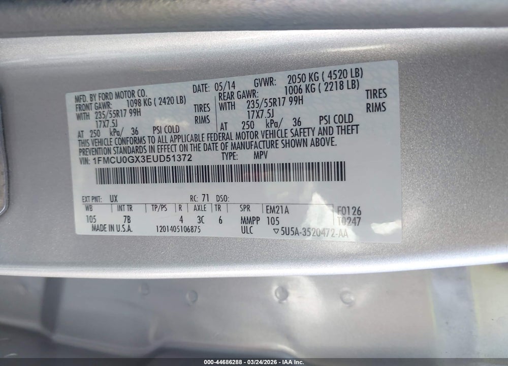 2014 FORD ESCAPE SE VIN: 1FMCU0GX3EUD51372