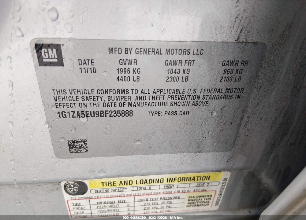 2011 CHEVROLET MALIBU LS VIN: 1G1ZA5EU9BF235888