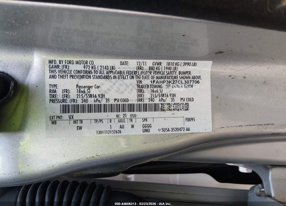 2012 FORD FOCUS SE VIN: 1FAHP3K27CL307706