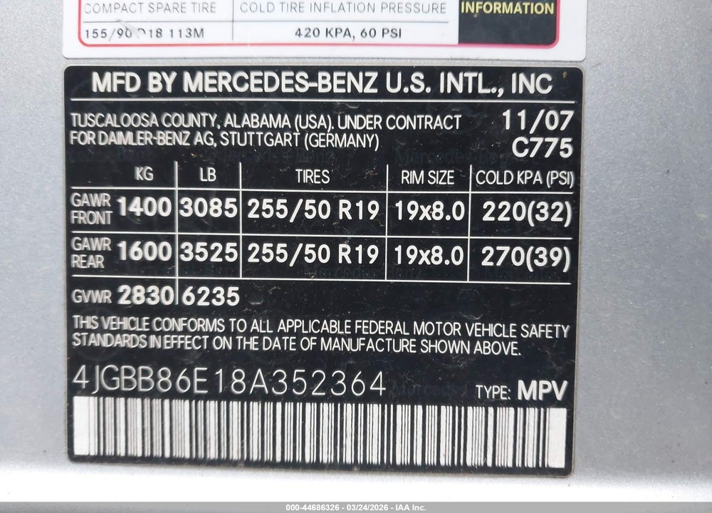 2008 MERCEDES-BENZ ML 350 4MATIC VIN: 4JGBB86E18A352364