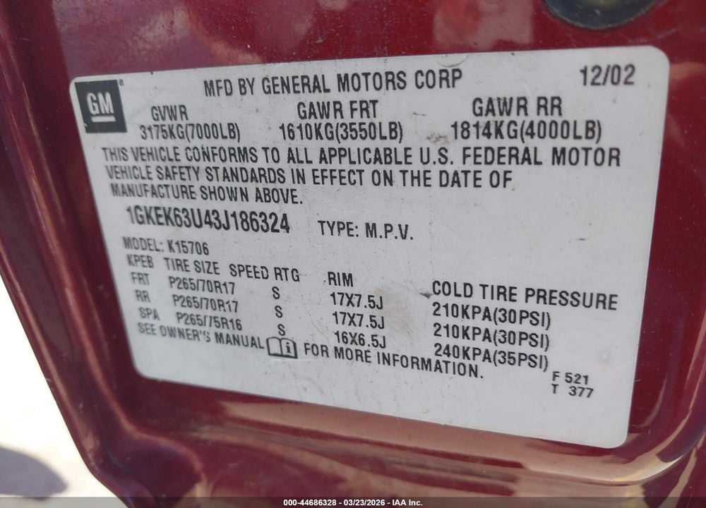 2003 GMC YUKON DENALI VIN: 1GKEK63U43J186324