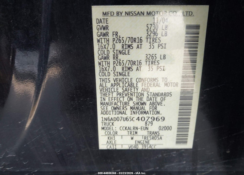 2005 NISSAN FRONTIER SE VIN: 1N6AD07U65C407969