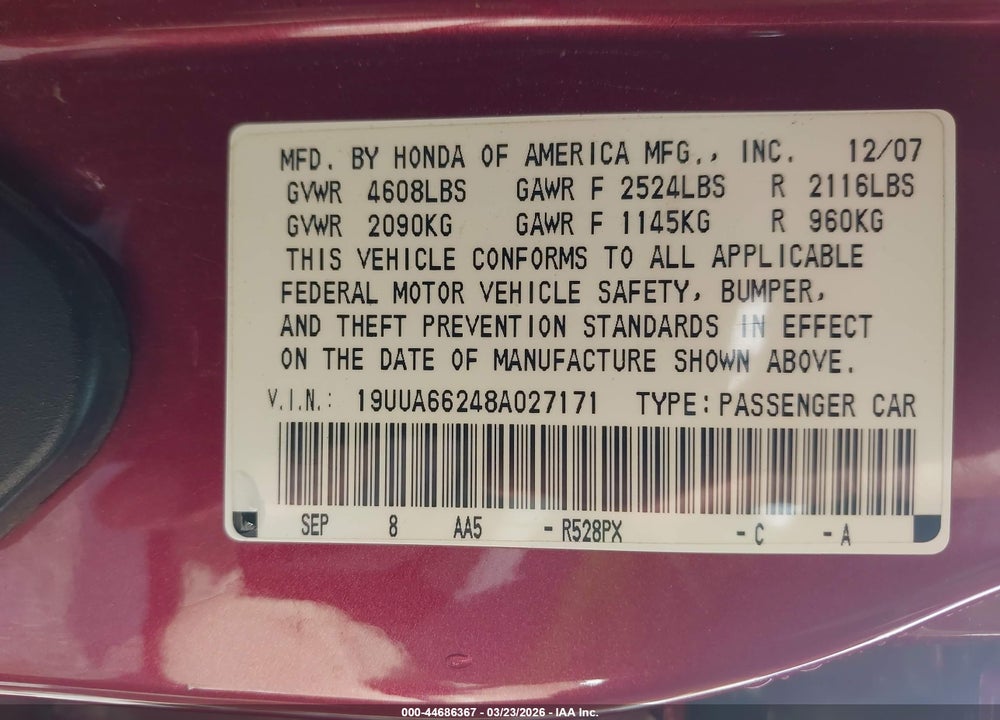 2008 ACURA TL 3.2 VIN: 19UUA66248A027171