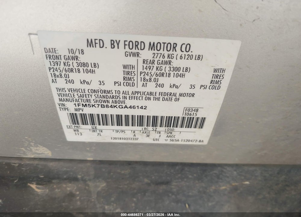 2019 FORD EXPLORER VIN: 1FM5K7B84KGA46142