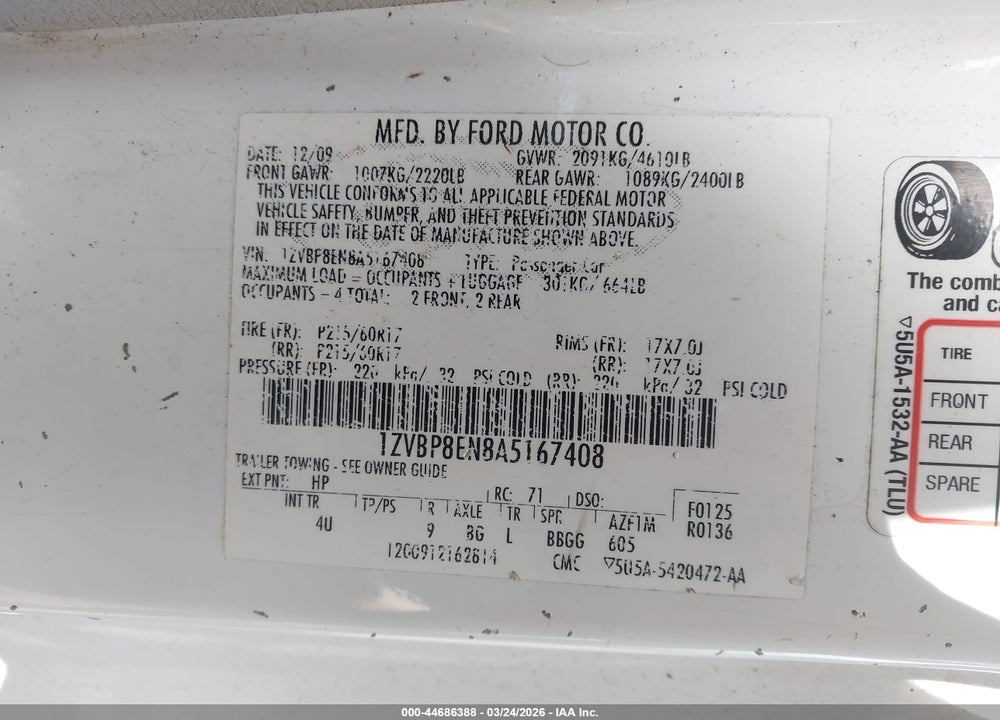 2010 FORD MUSTANG VIN: 1ZVBP8EN8A5167408