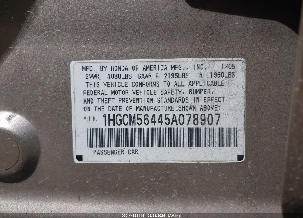 2005 HONDA ACCORD 2.4 LX VIN: 1HGCM56445A078907
