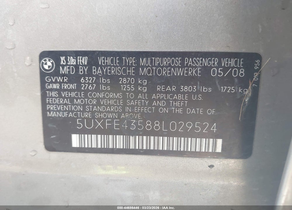 2008 BMW X5 3.0SI VIN: 5UXFE43588L029524