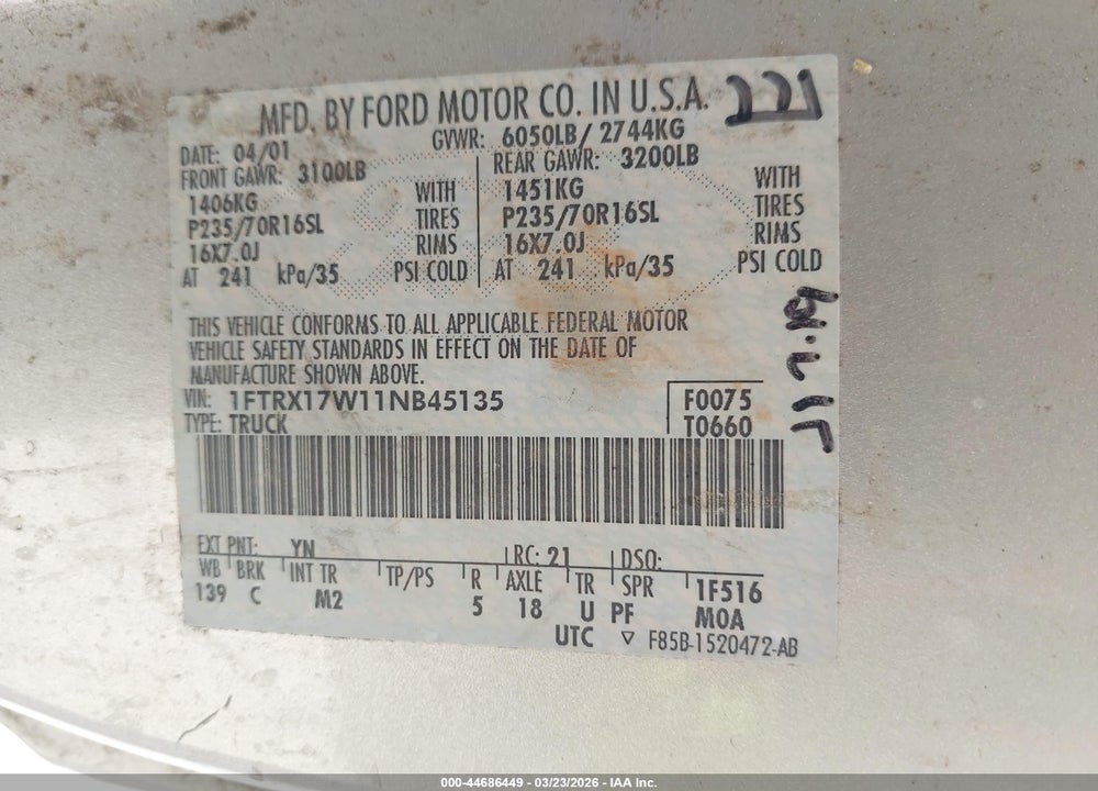 2001 FORD F-150 LARIAT/XL/XLT VIN: 1FTRX17W11NB45135