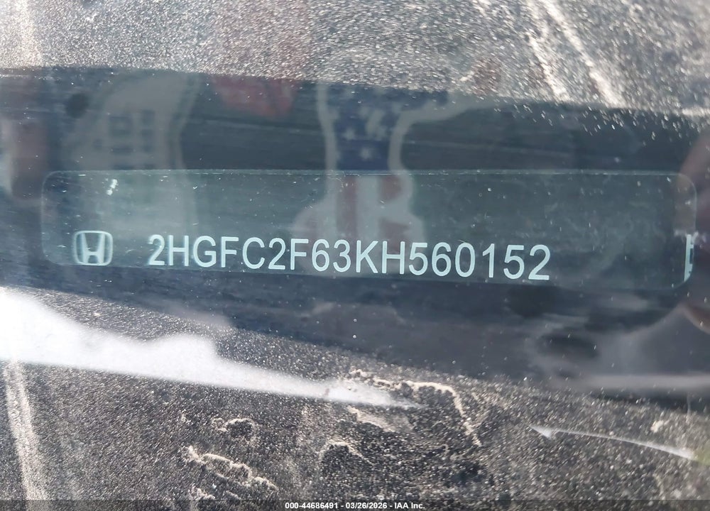 2019 HONDA CIVIC LX VIN: 2HGFC2F63KH560152