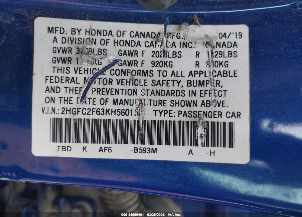 2019 HONDA CIVIC LX VIN: 2HGFC2F63KH560152