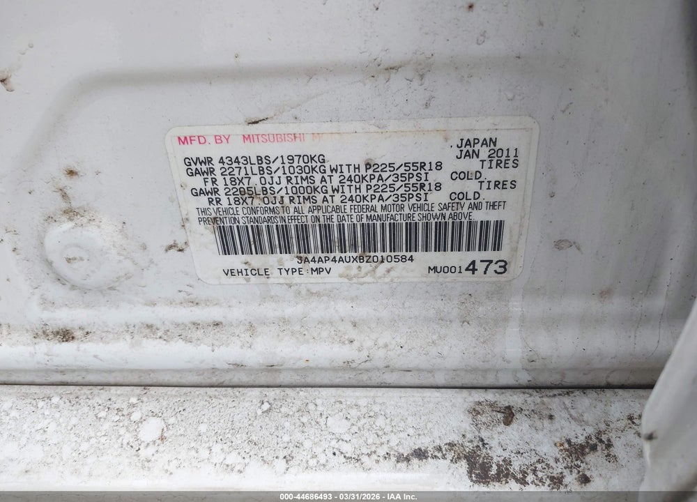 2011 MITSUBISHI OUTLANDER SPORT SE VIN: JA4AP4AUXBZ010584