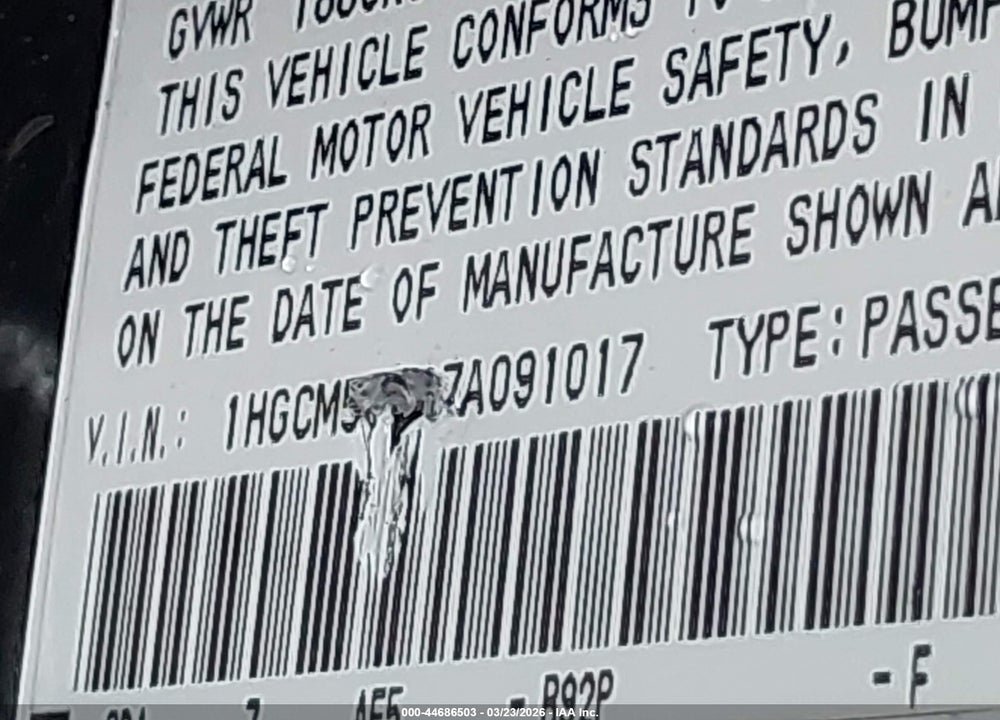 2007 HONDA ACCORD 2.4 SE VIN: 1HGCM56307A091017