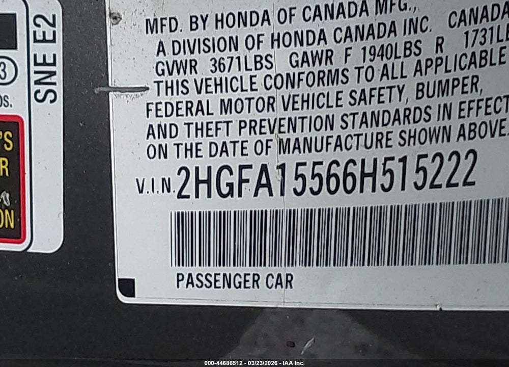 2006 HONDA CIVIC LX VIN: 2HGFA15566H515222
