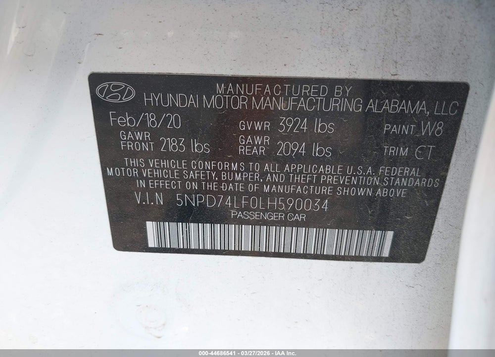 2020 HYUNDAI ELANTRA SE VIN: 5NPD74LF0LH590034