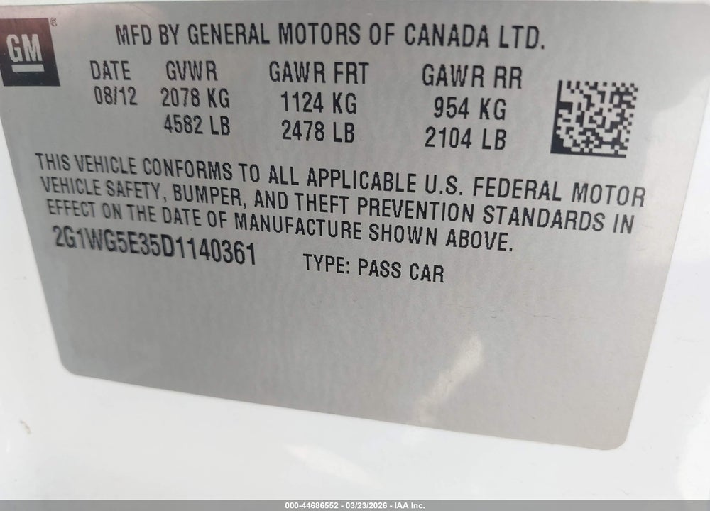 2013 CHEVROLET IMPALA LT VIN: 2G1WG5E35D1140361