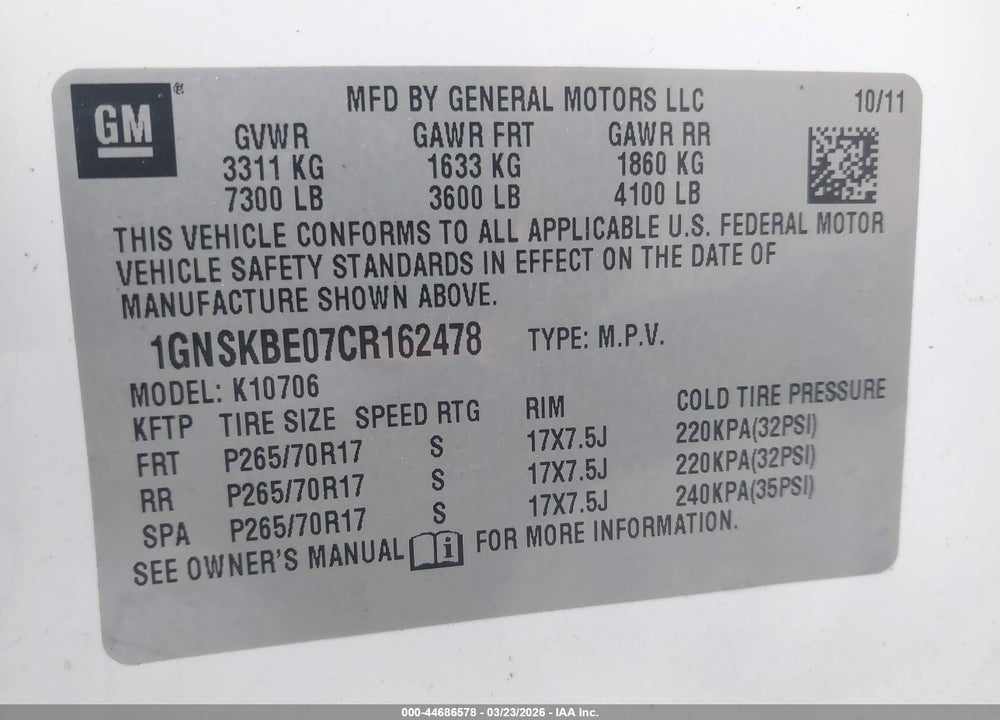 2012 CHEVROLET TAHOE LT VIN: 1GNSKBE07CR162478