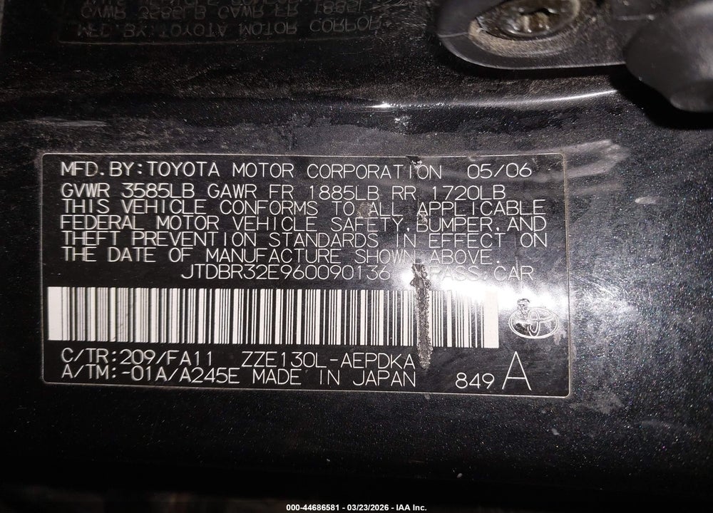 2006 TOYOTA COROLLA CE VIN: JTDBR32E960090136