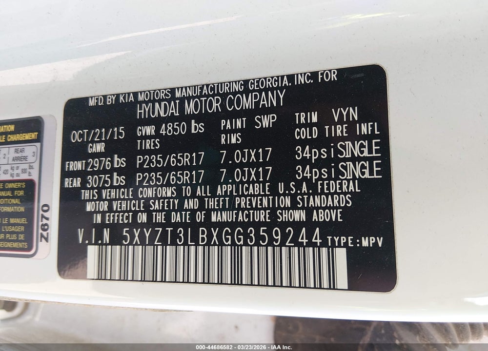 2016 HYUNDAI SANTA FE SPORT 2.4L VIN: 5XYZT3LBXGG359244