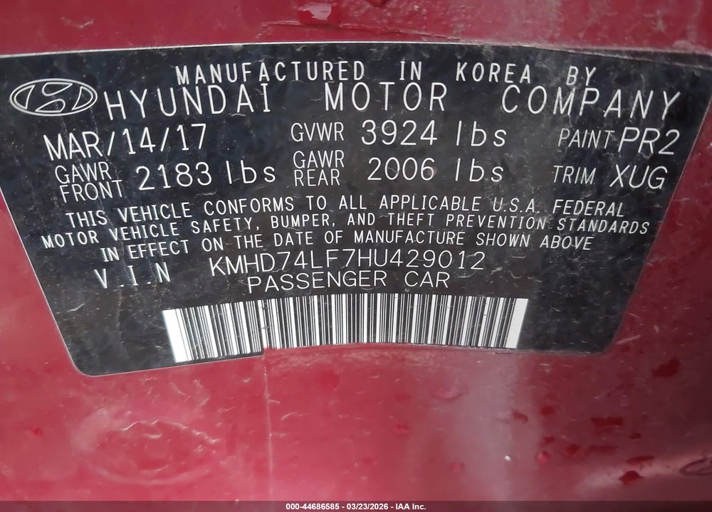 2017 HYUNDAI ELANTRA SE VIN: KMHD74LF7HU429012