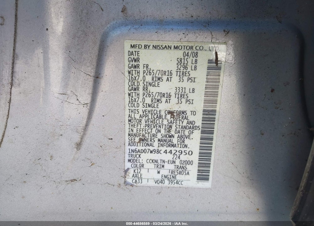2008 NISSAN FRONTIER SE VIN: 1N6AD07W98C442950