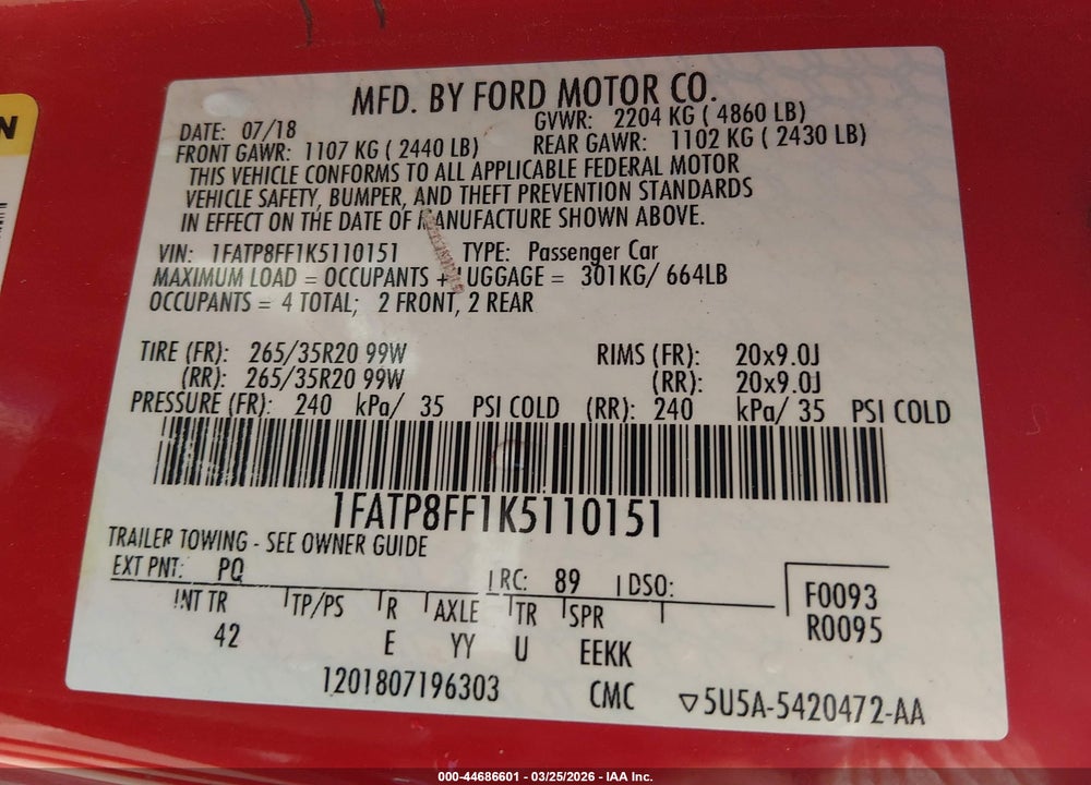 2019 FORD MUSTANG GT PREMIUM VIN: 1FATP8FF1K5110151