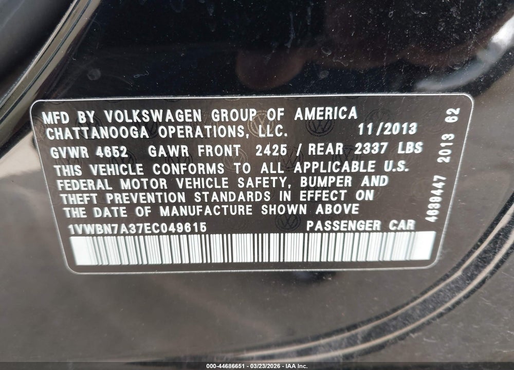 2014 VOLKSWAGEN PASSAT 2.0L TDI SE VIN: 1VWBN7A37EC049615