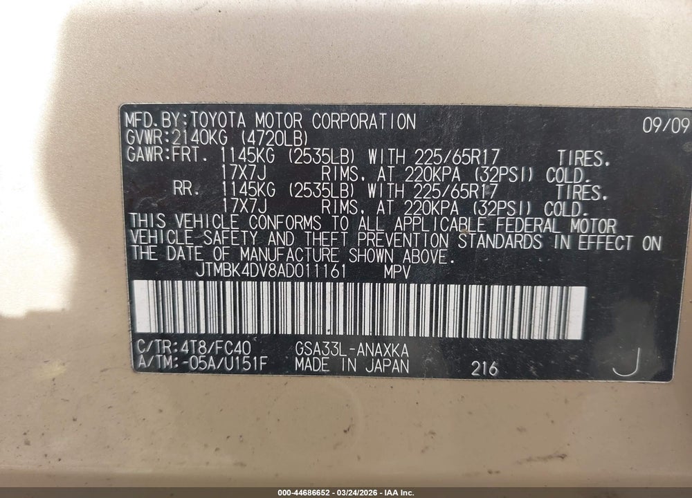 2010 TOYOTA RAV4 BASE V6 VIN: JTMBK4DV8AD011161