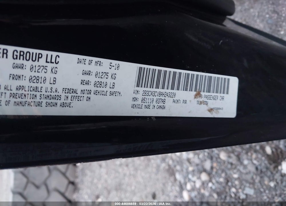 2010 DODGE CHARGER SXT VIN: 2B3CA3CV8AH243220