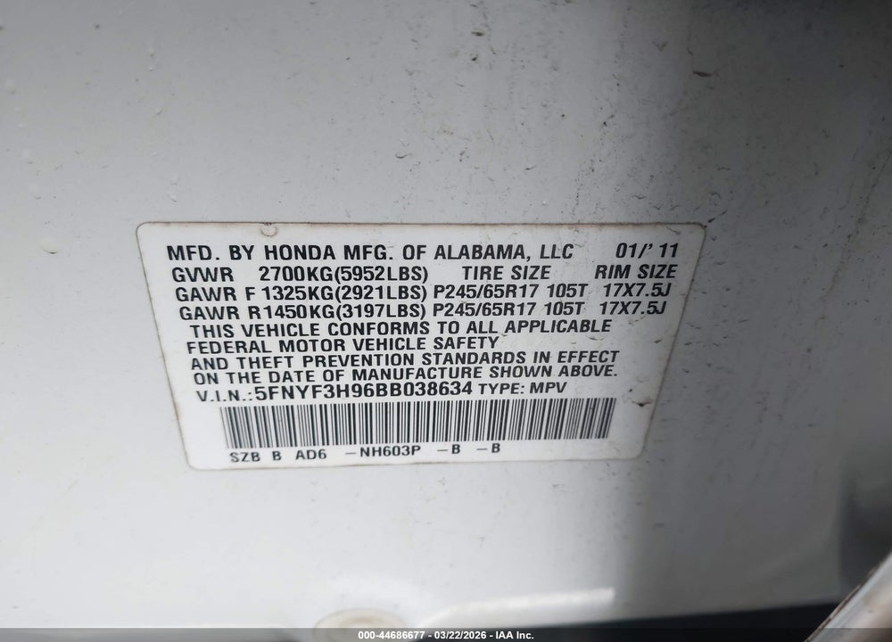 2011 HONDA PILOT TOURING VIN: 5FNYF3H96BB038634