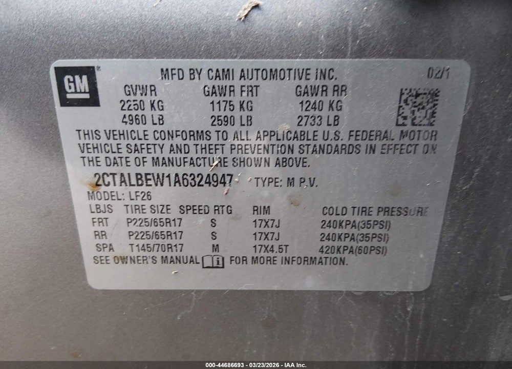 2010 GMC TERRAIN SLE-1 VIN: 2CTALBEW1A6324947