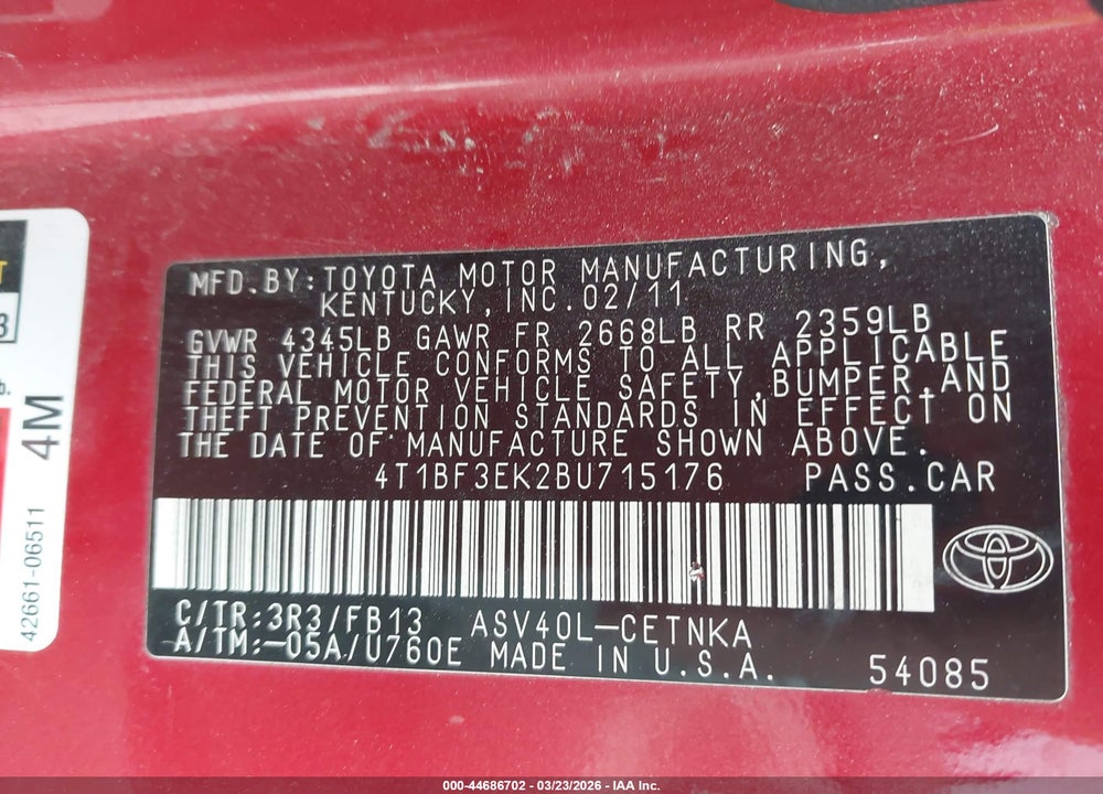 2011 TOYOTA CAMRY LE VIN: 4T1BF3EK2BU715176