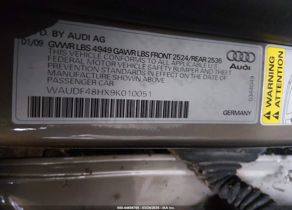 2009 AUDI A4 2.0T CABRIOLET QUATTRO VIN: WAUDF48HX9K010051