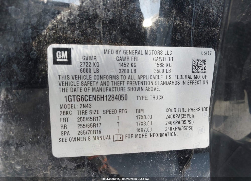 2017 GMC CANYON SLE VIN: 1GTG6CEN6H1284050