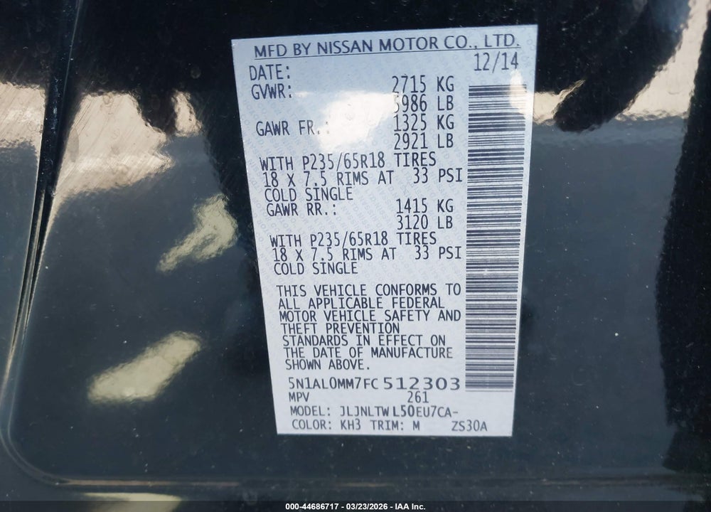 2015 INFINITI QX60 VIN: 5N1AL0MM7FC512303